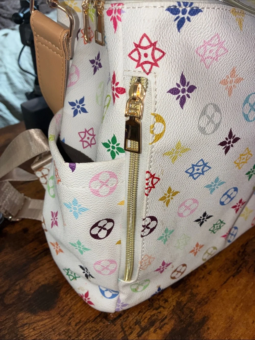 White Multicolor Pattern Women’s Backpack with Gold Hardware